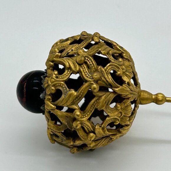 Antique Edwardian Hat Pin Gilded Brass Filigree Red Cabochon 1900s 9" READ - Picture 5 of 16